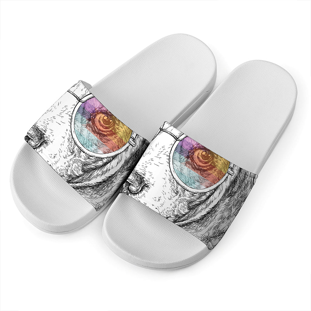 Hipster Beagle With Glasses Print White Slide Sandals