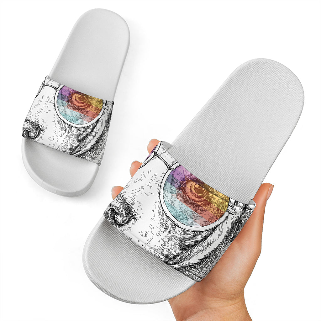 Hipster Beagle With Glasses Print White Slide Sandals