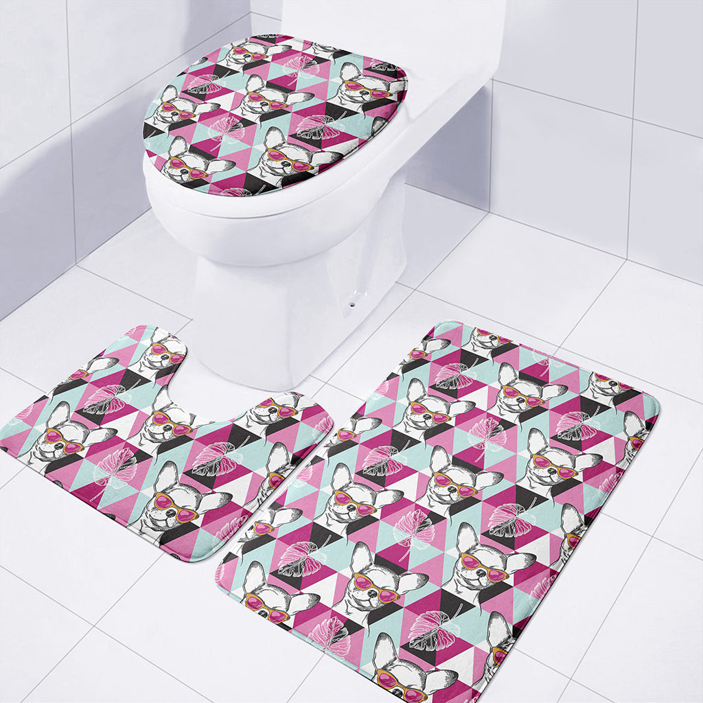 Hipster Chihuahua Pattern Print 3 Piece Bath Mat Set