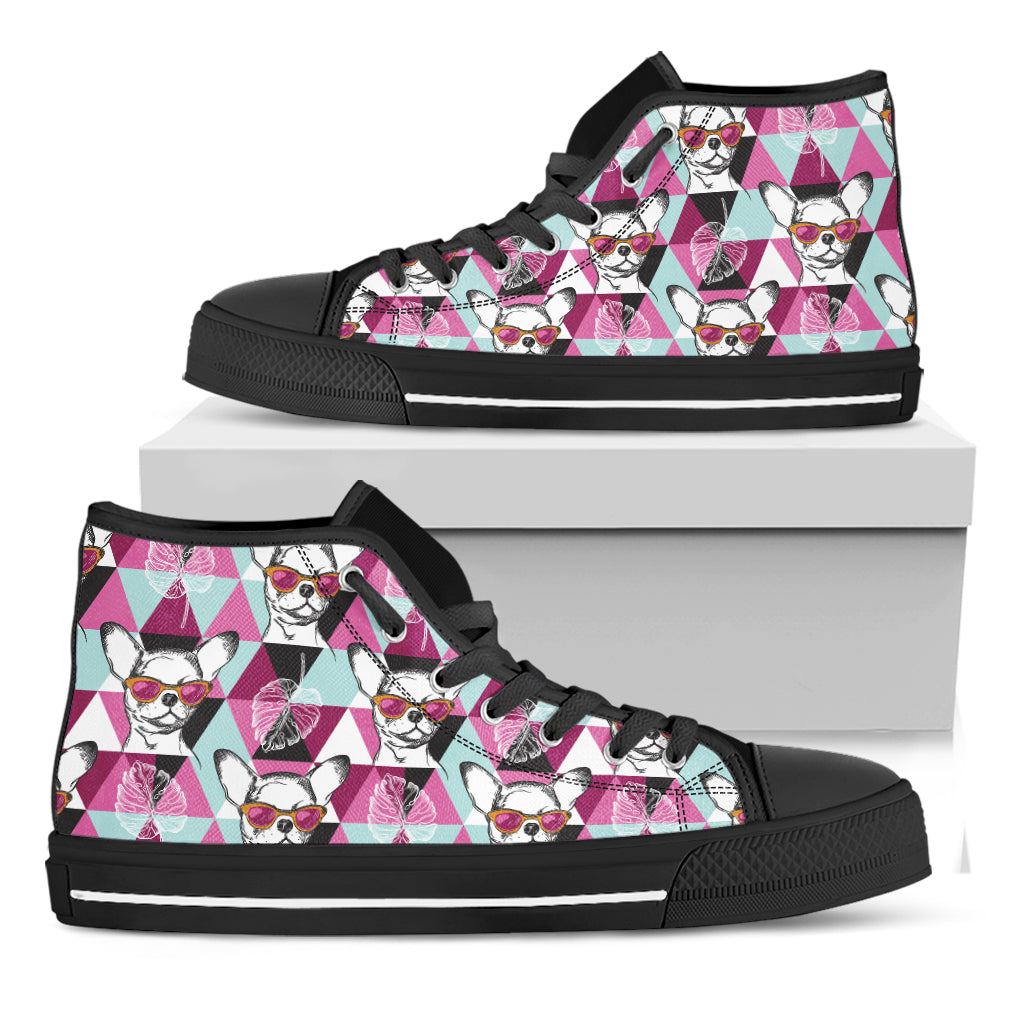 Hipster Chihuahua Pattern Print Black High Top Shoes