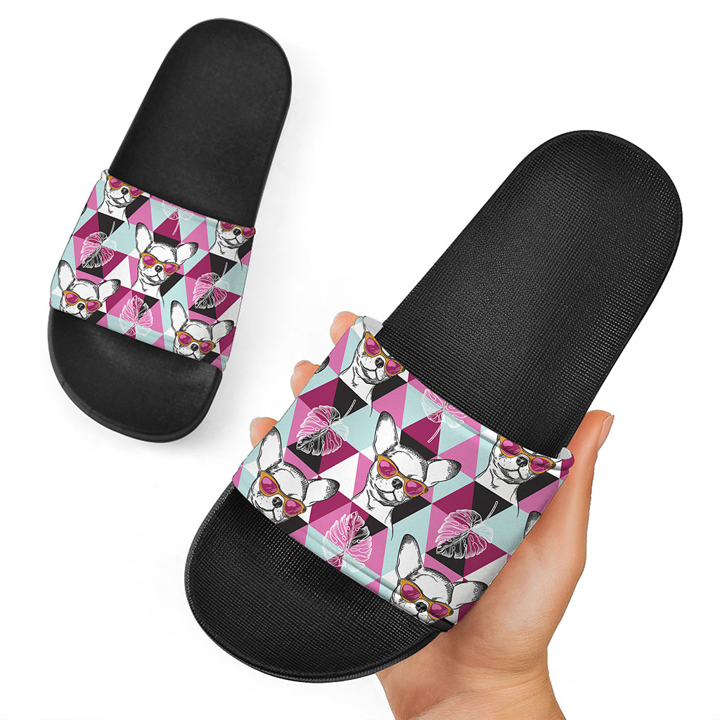 Hipster Chihuahua Pattern Print Black Slide Sandals