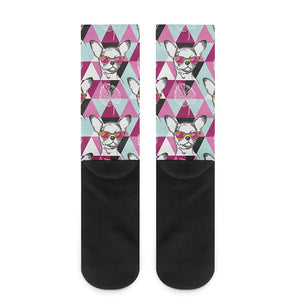 Hipster Chihuahua Pattern Print Crew Socks