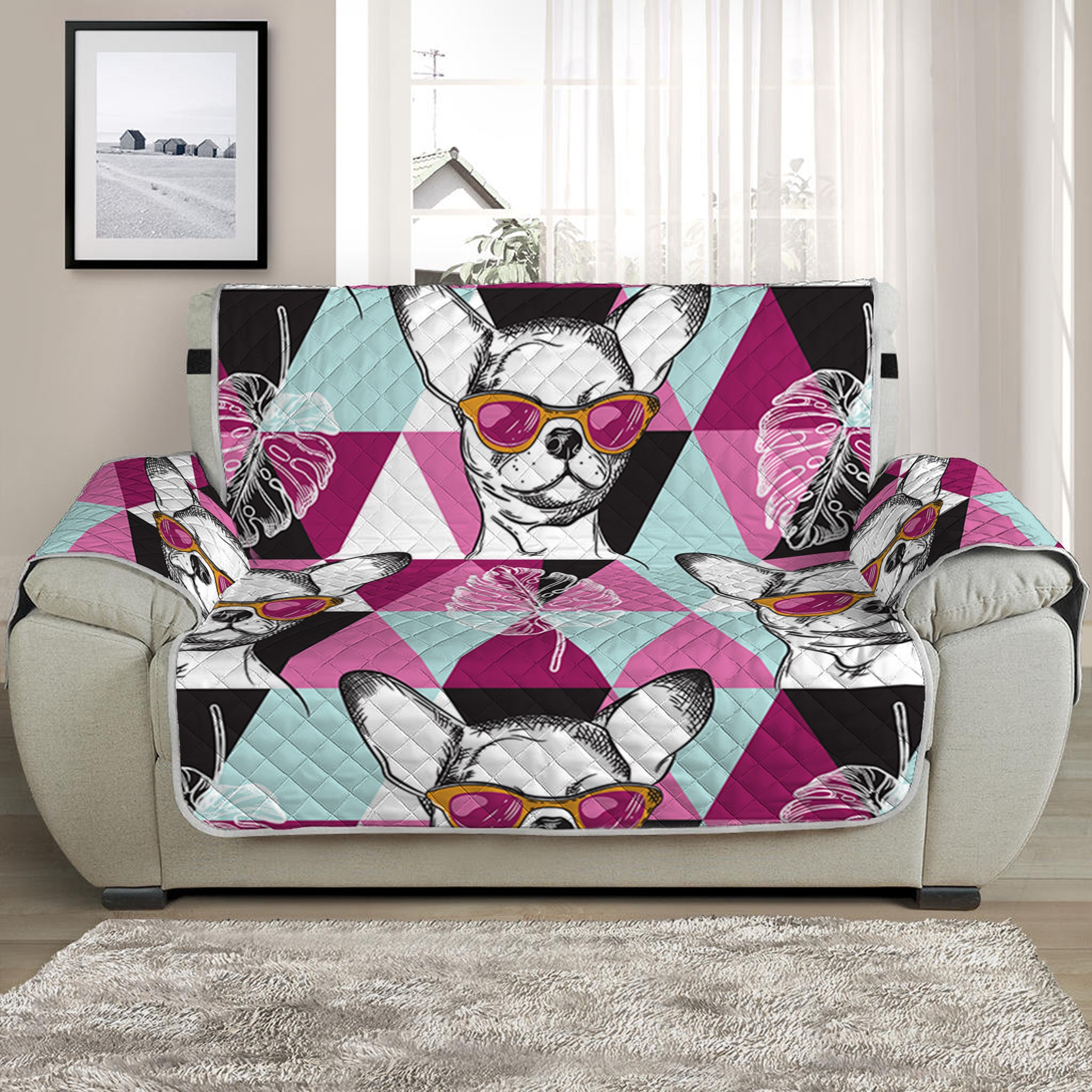 Hipster Chihuahua Pattern Print Half Sofa Protector