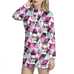 Hipster Chihuahua Pattern Print Hoodie Dress