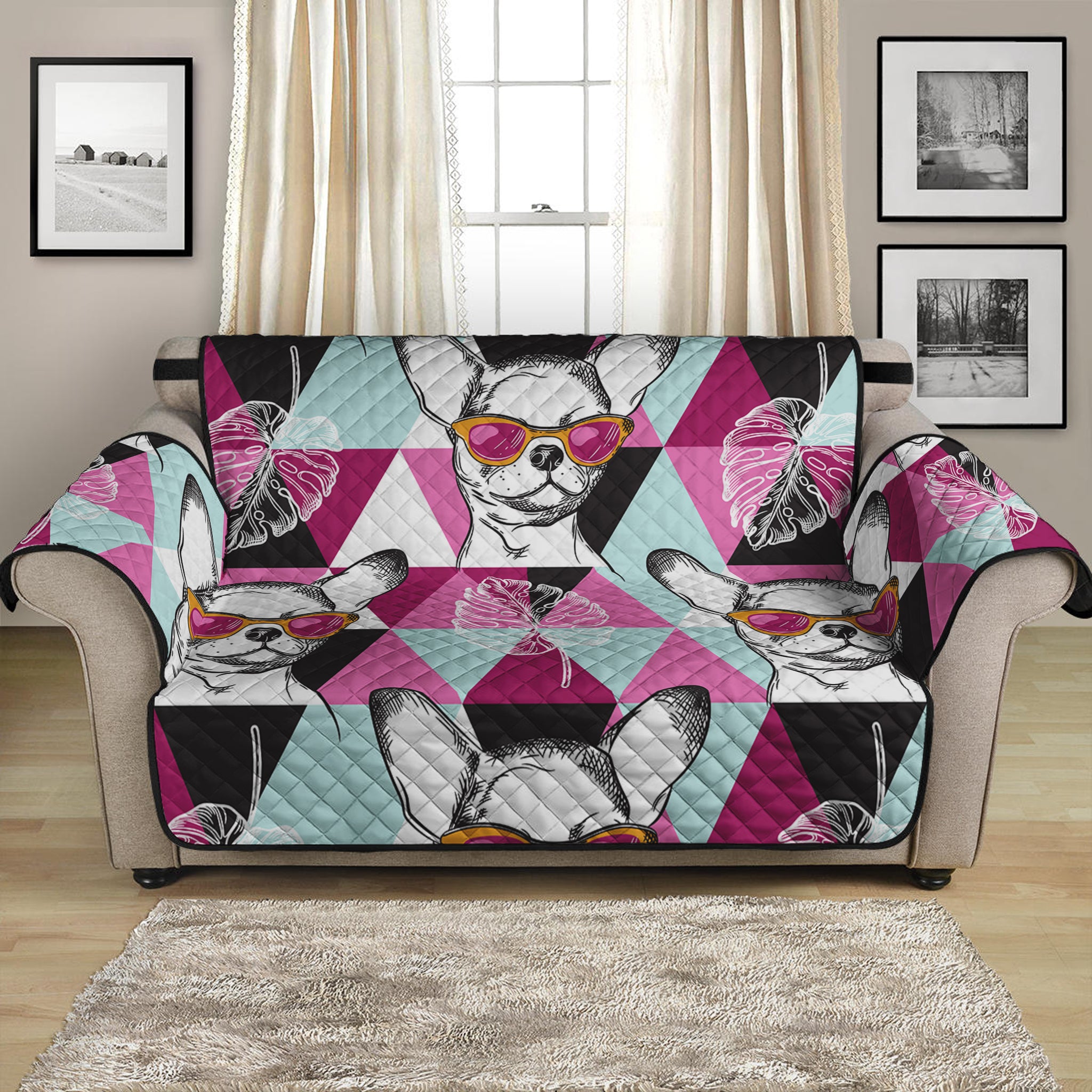 Hipster Chihuahua Pattern Print Loveseat Protector