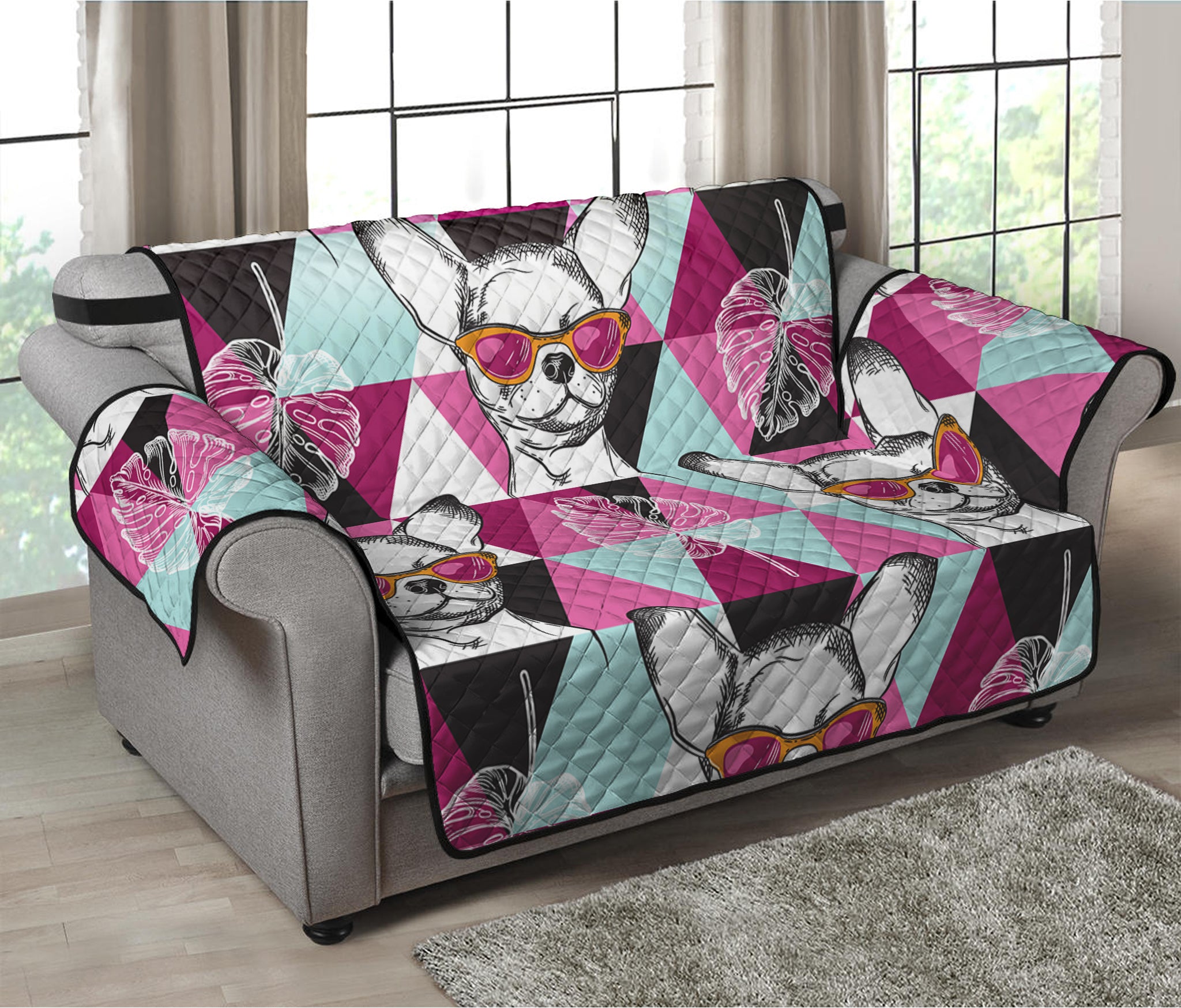 Hipster Chihuahua Pattern Print Loveseat Protector