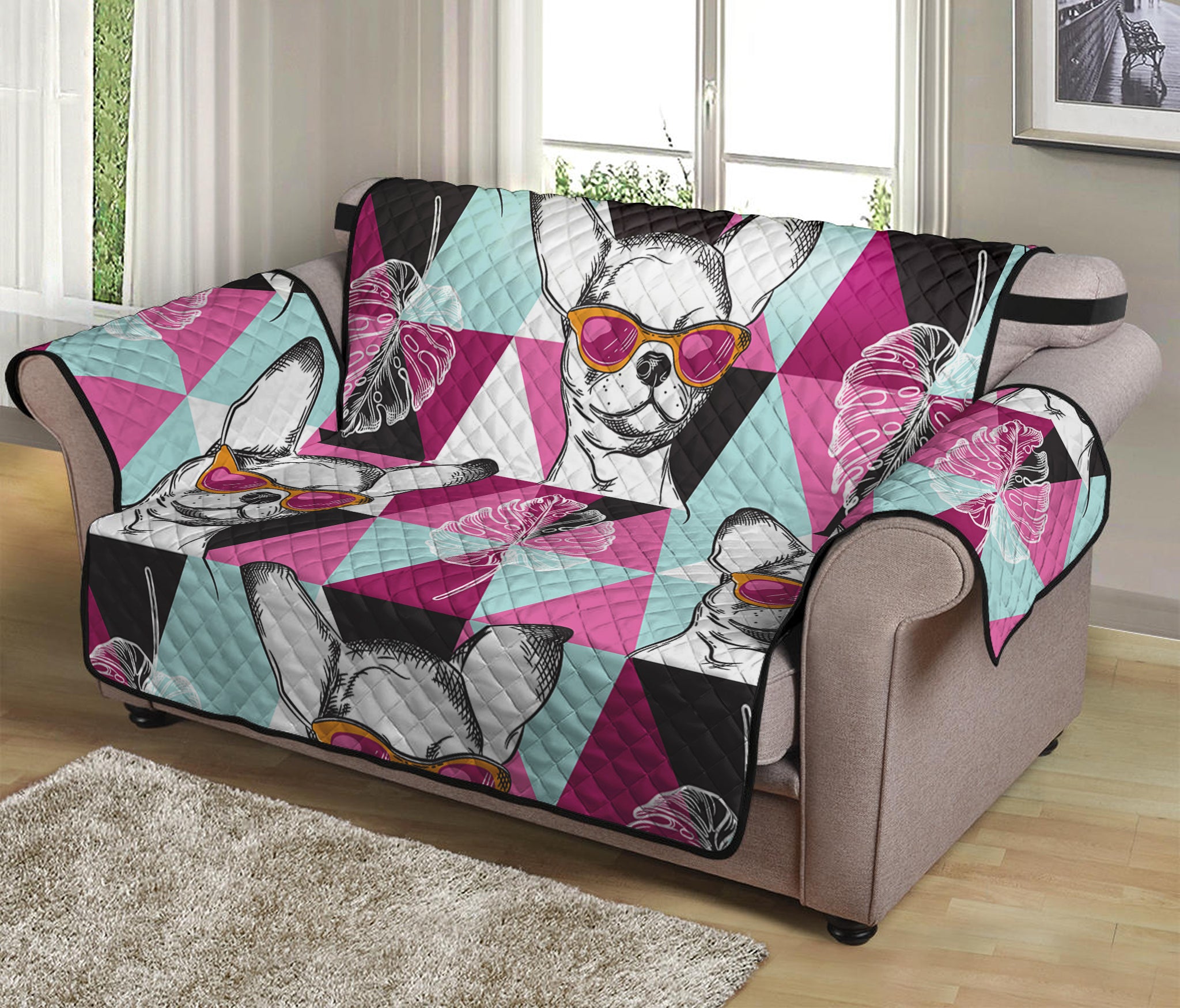 Hipster Chihuahua Pattern Print Loveseat Protector