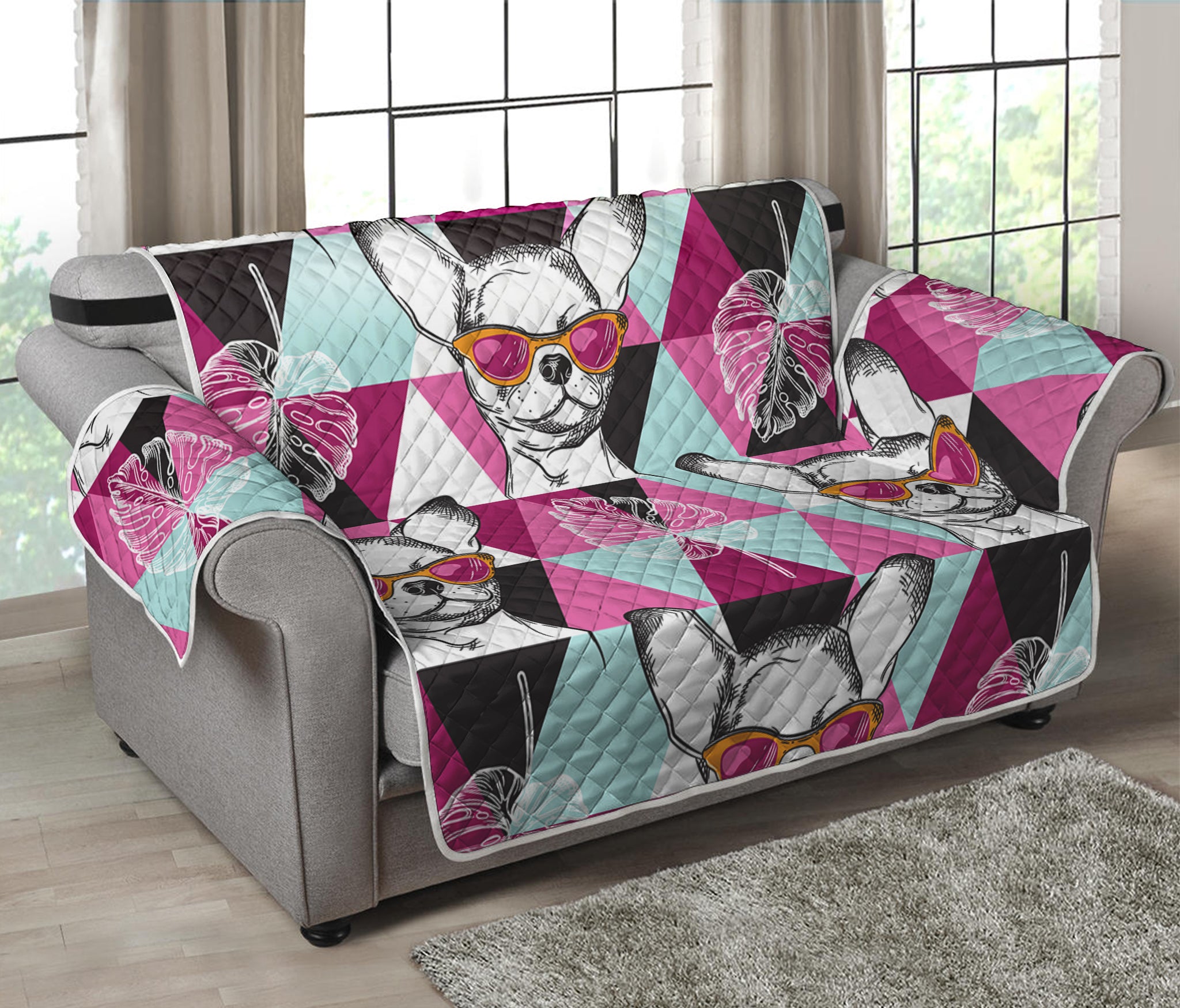 Hipster Chihuahua Pattern Print Loveseat Protector