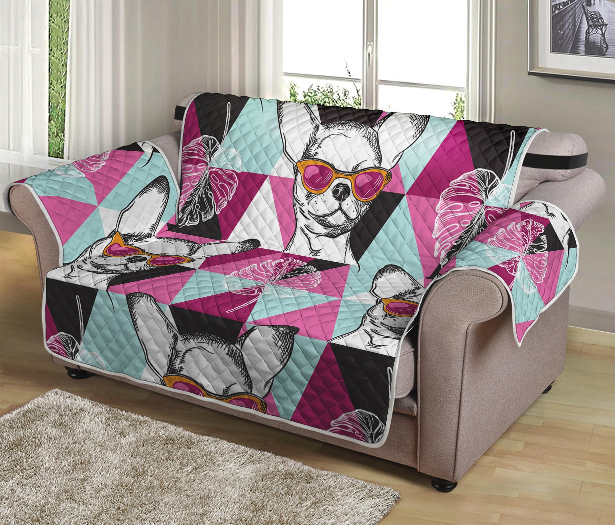 Hipster Chihuahua Pattern Print Loveseat Protector