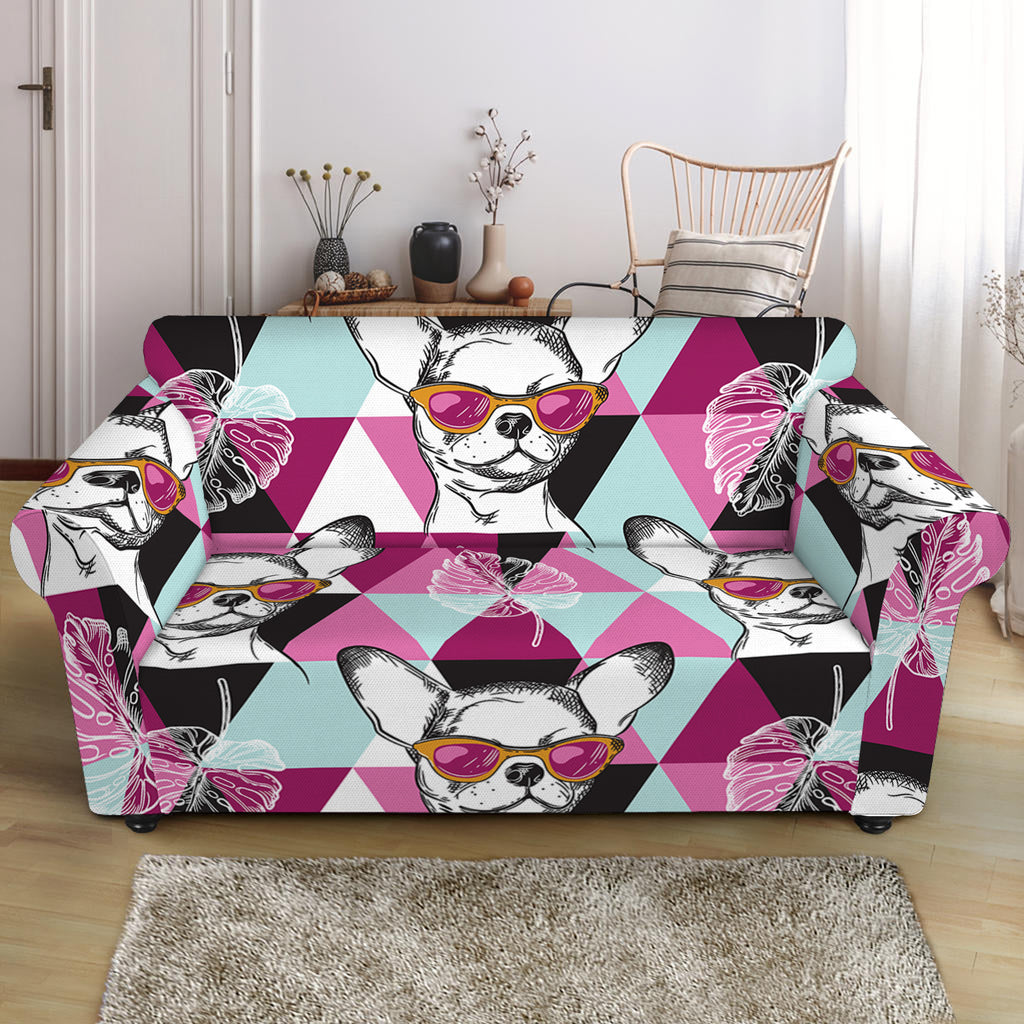 Hipster Chihuahua Pattern Print Loveseat Slipcover