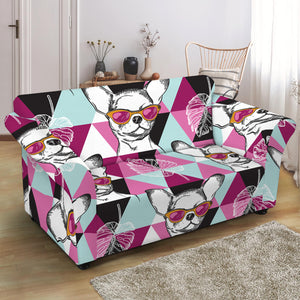 Hipster Chihuahua Pattern Print Loveseat Slipcover