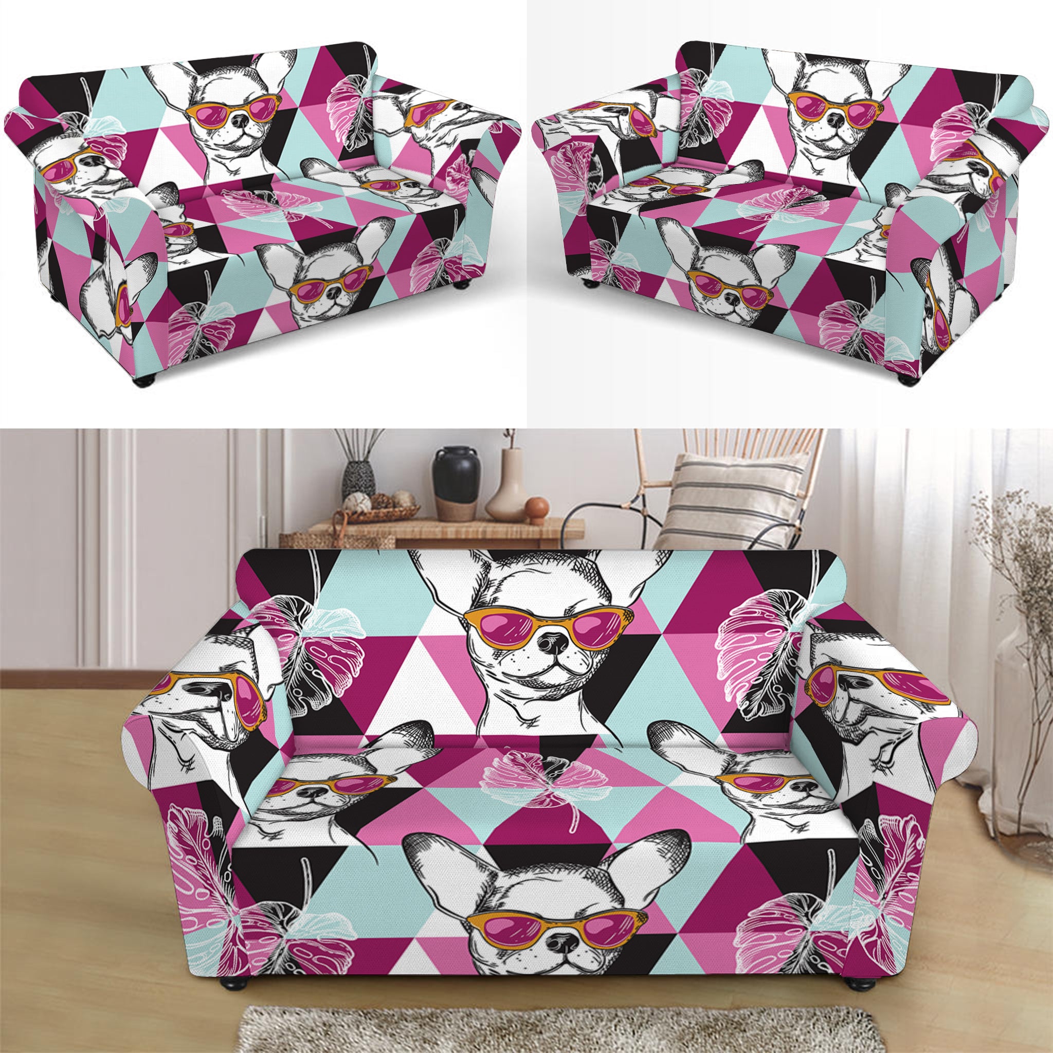 Hipster Chihuahua Pattern Print Loveseat Slipcover