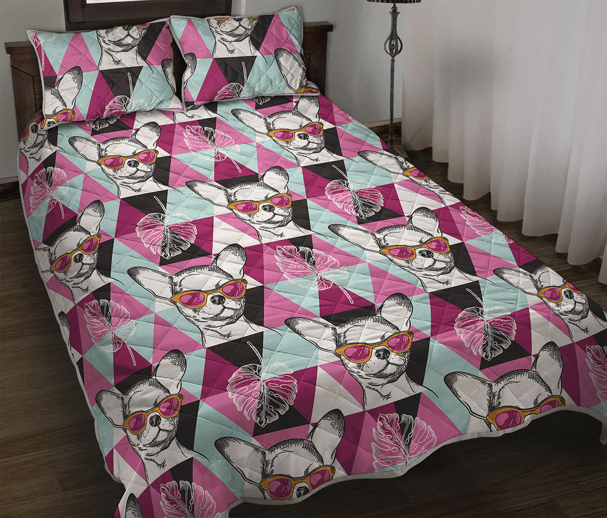 Hipster Chihuahua Pattern Print Quilt Bed Set