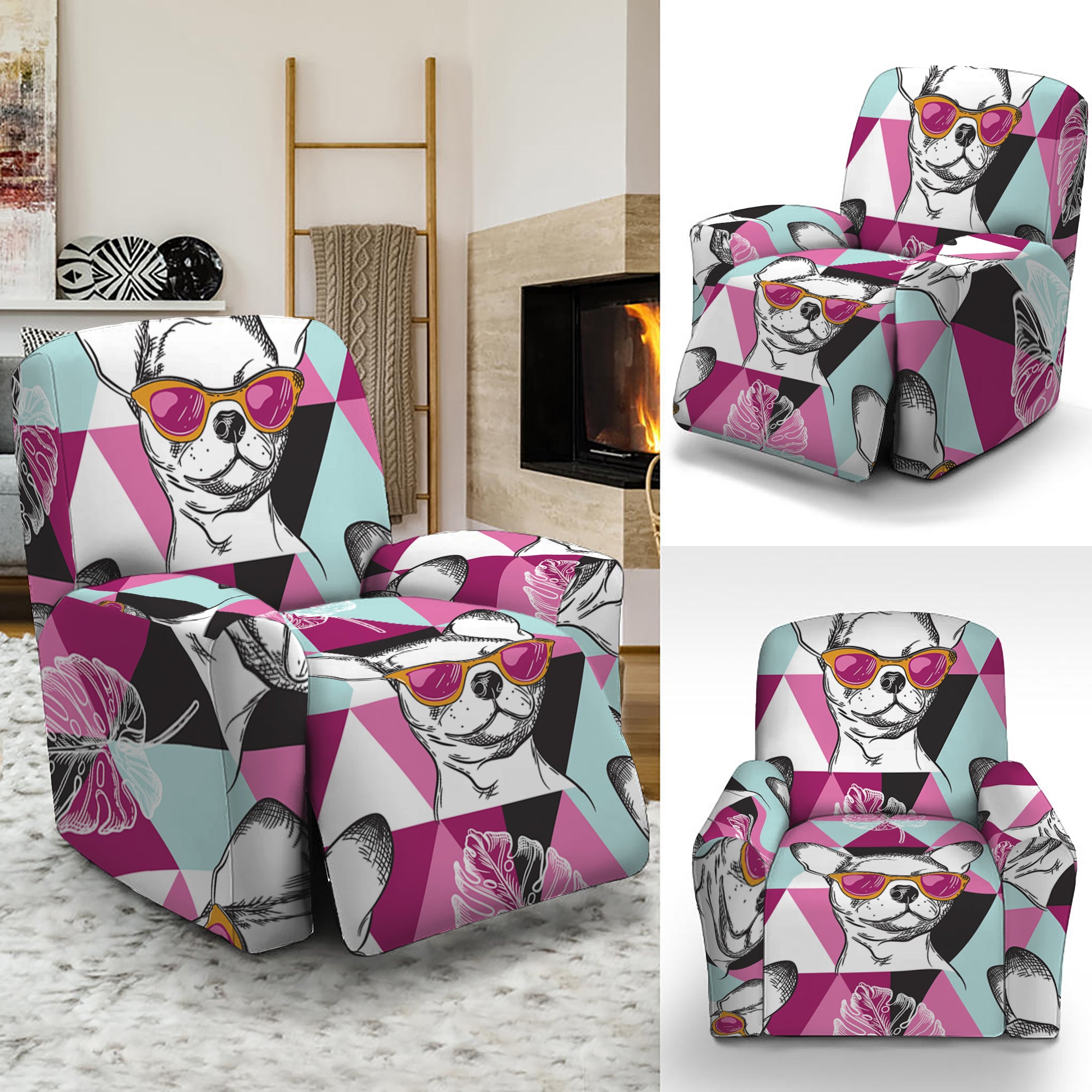 Hipster Chihuahua Pattern Print Recliner Slipcover