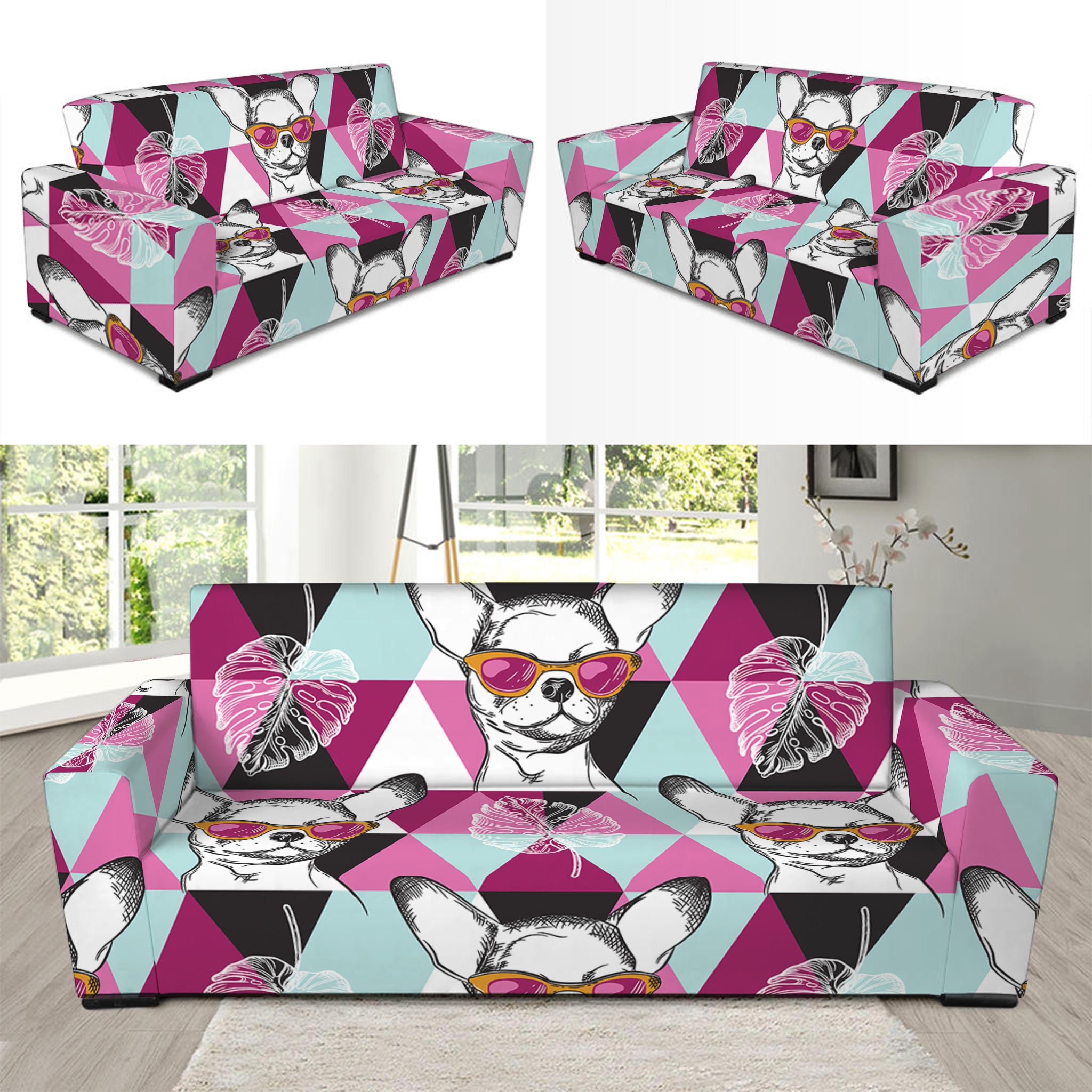 Hipster Chihuahua Pattern Print Sofa Slipcover