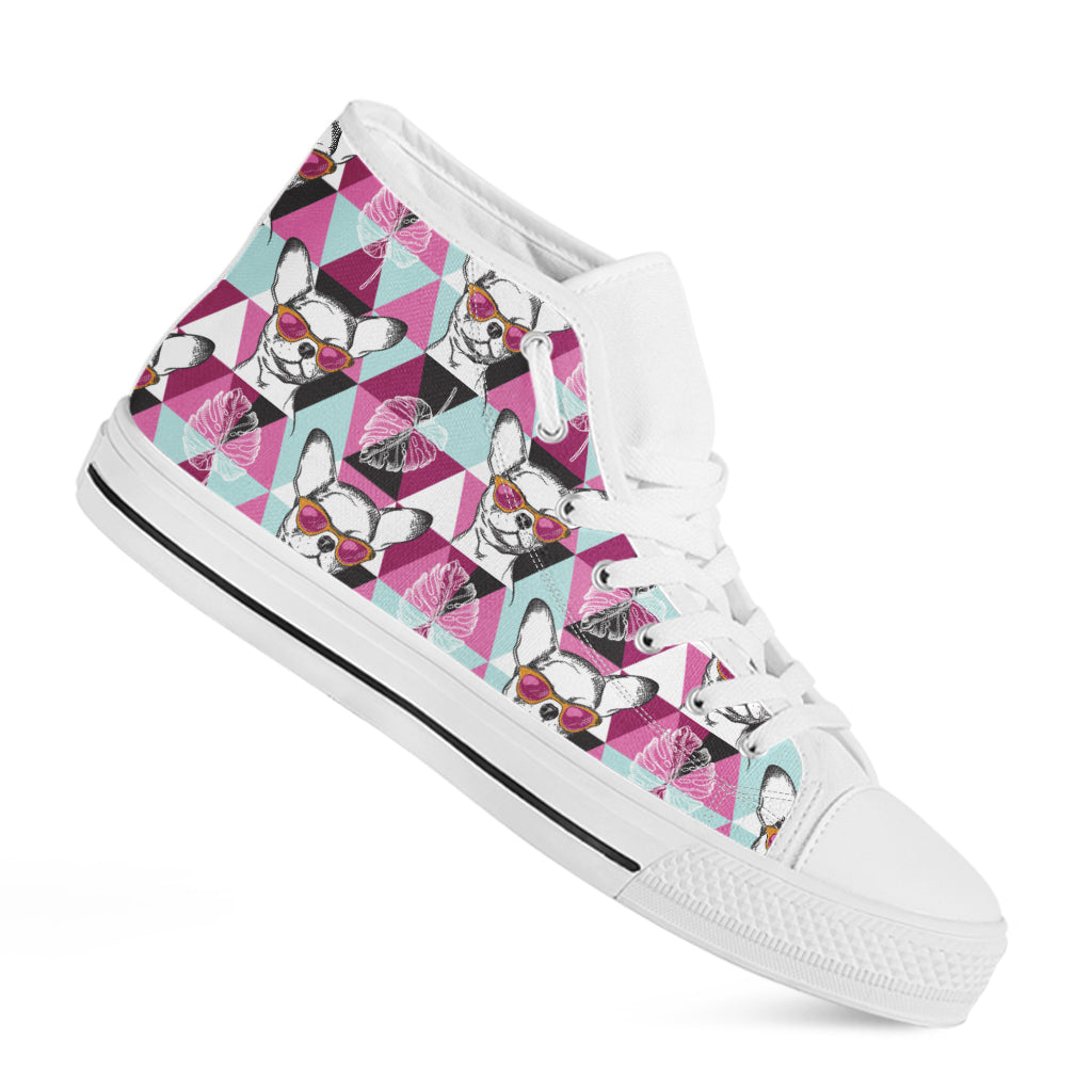 Hipster Chihuahua Pattern Print White High Top Shoes