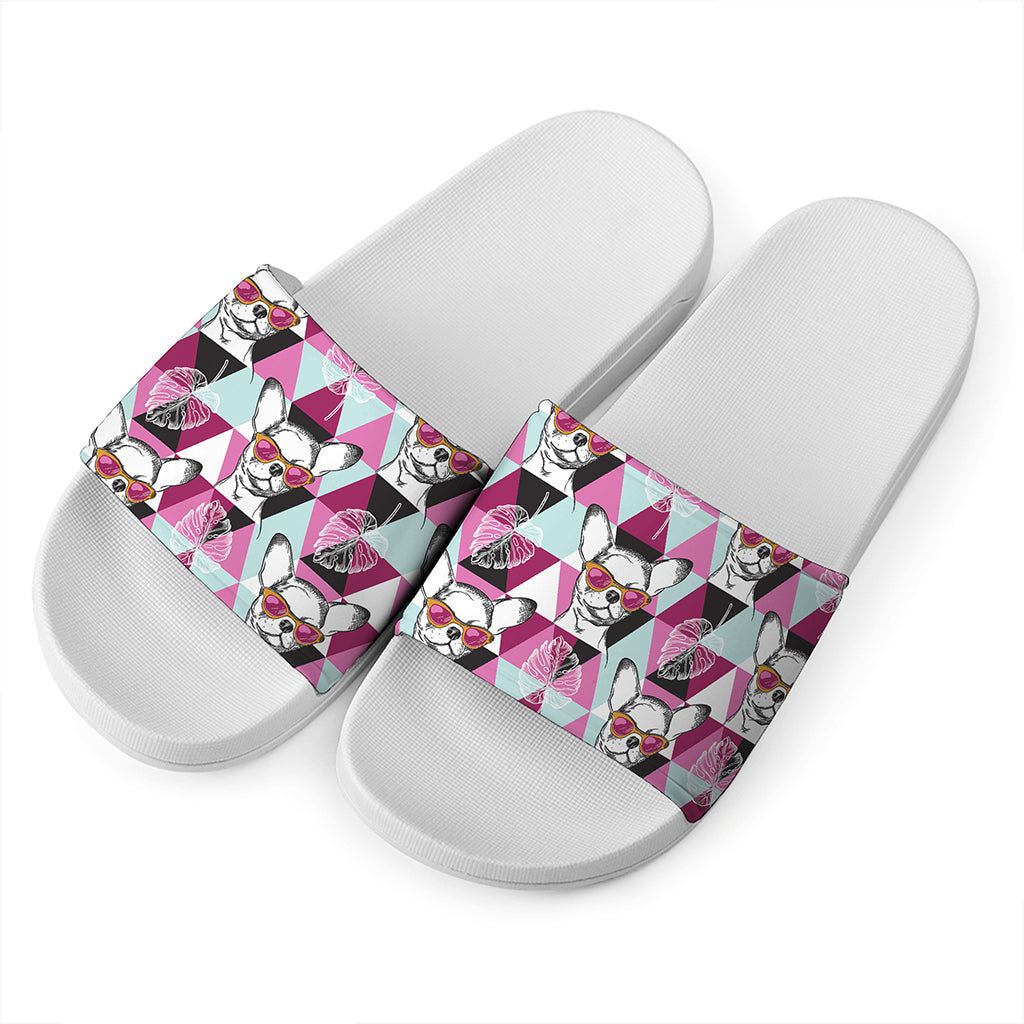 Hipster Chihuahua Pattern Print White Slide Sandals