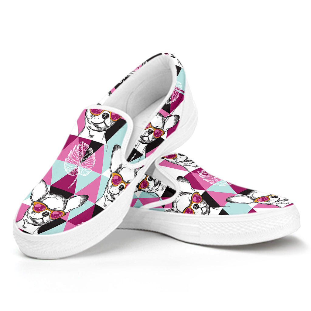 Hipster Chihuahua Pattern Print White Slip On Shoes