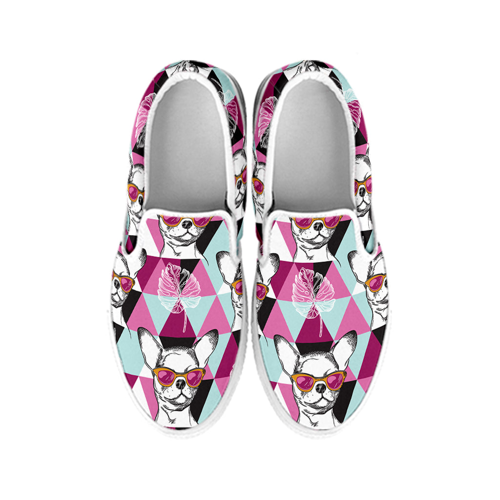 Hipster Chihuahua Pattern Print White Slip On Shoes