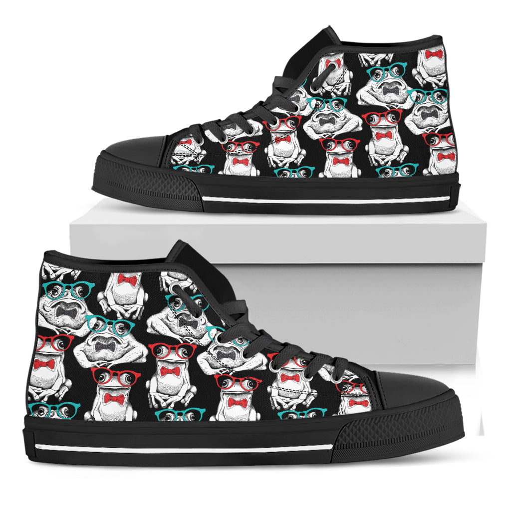 Hipster Frog Pattern Print Black High Top Shoes