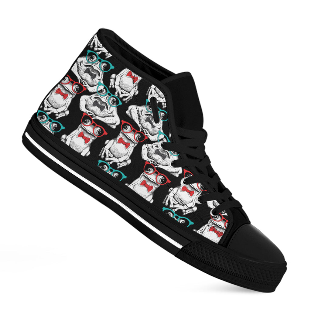 Hipster Frog Pattern Print Black High Top Shoes