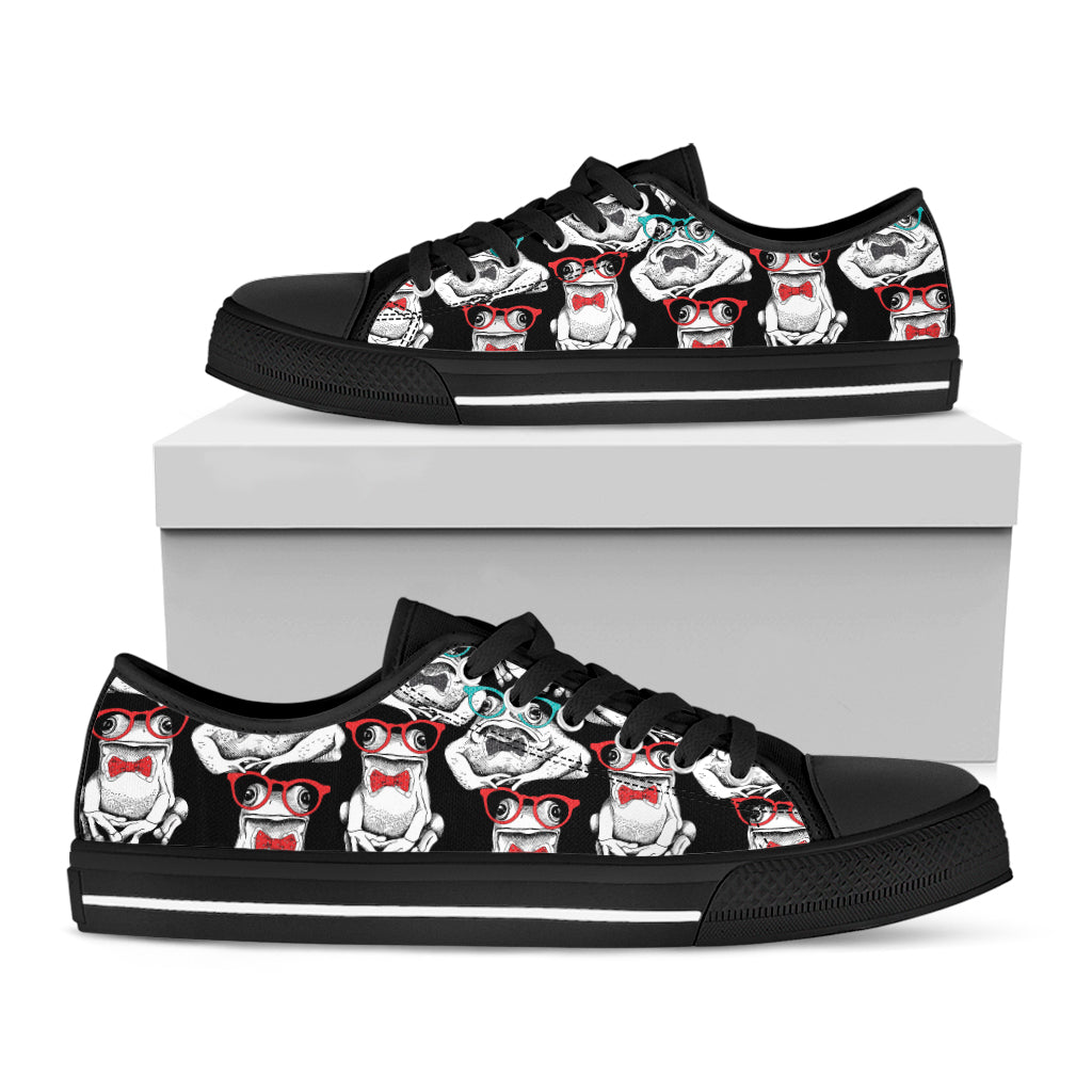 Hipster Frog Pattern Print Black Low Top Shoes