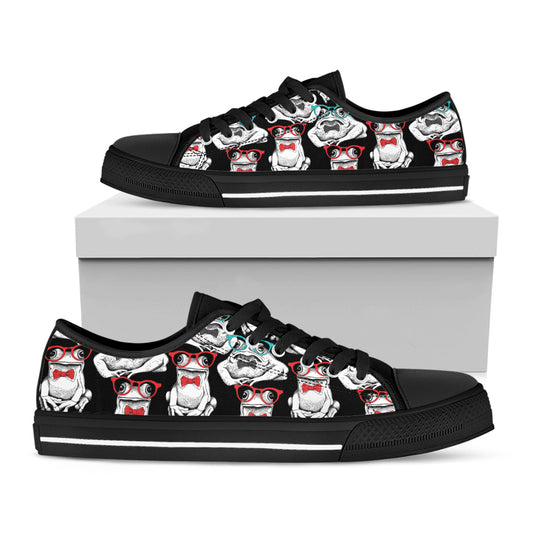 Hipster Frog Pattern Print Black Low Top Shoes
