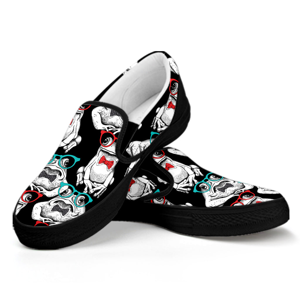 Hipster Frog Pattern Print Black Slip On Shoes