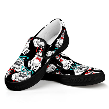 Hipster Frog Pattern Print Black Slip On Shoes
