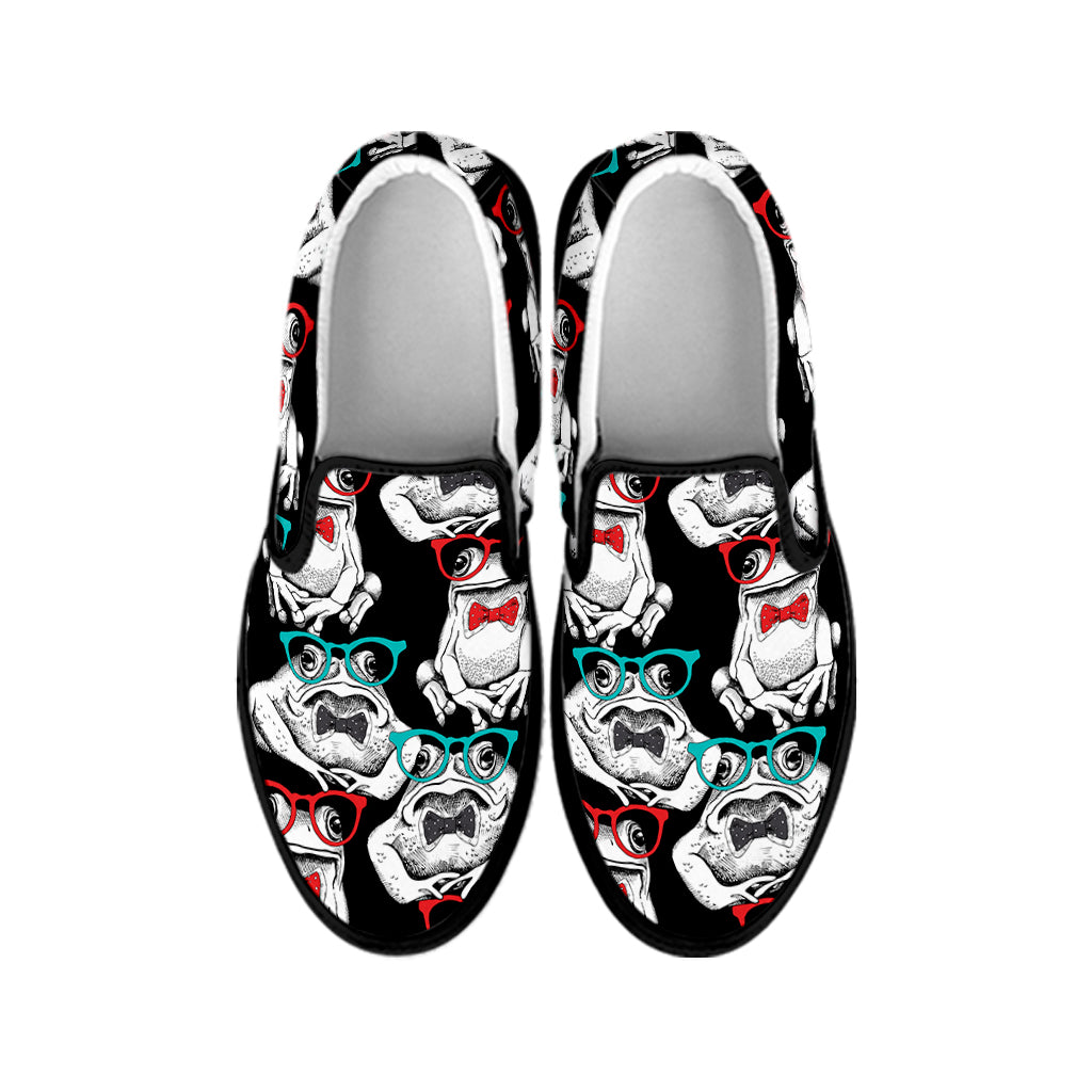 Hipster Frog Pattern Print Black Slip On Shoes