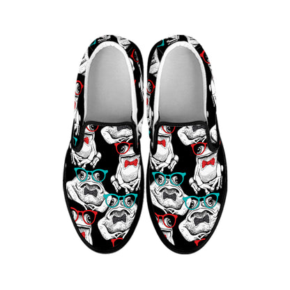 Hipster Frog Pattern Print Black Slip On Shoes