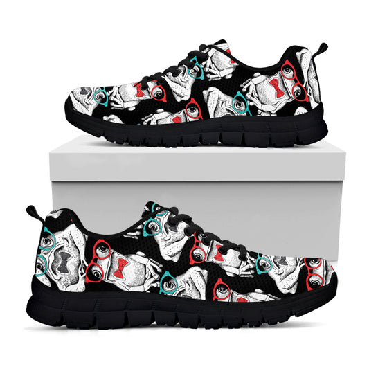 Hipster Frog Pattern Print Black Sneakers
