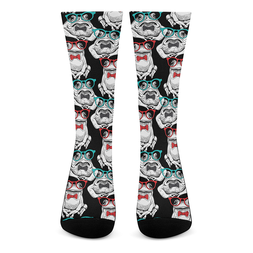 Hipster Frog Pattern Print Crew Socks