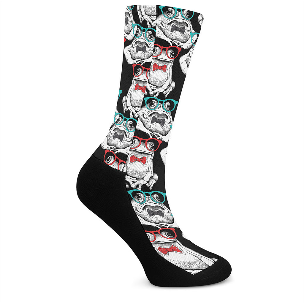 Hipster Frog Pattern Print Crew Socks