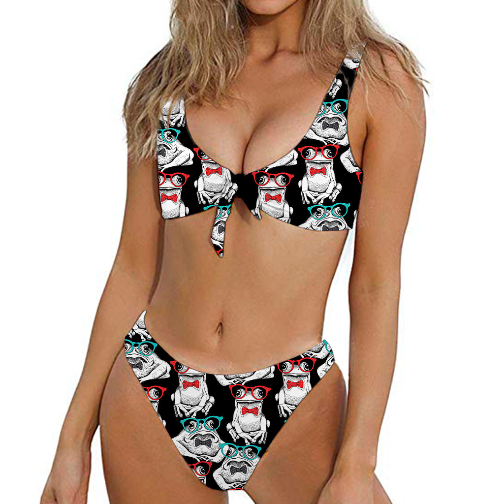 Hipster Frog Pattern Print Front Bow Tie Bikini