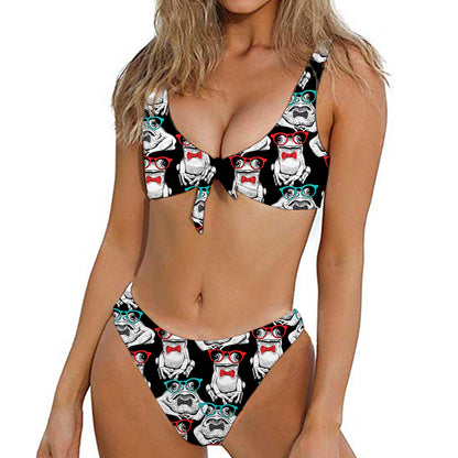 Hipster Frog Pattern Print Front Bow Tie Bikini