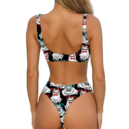 Hipster Frog Pattern Print Front Bow Tie Bikini