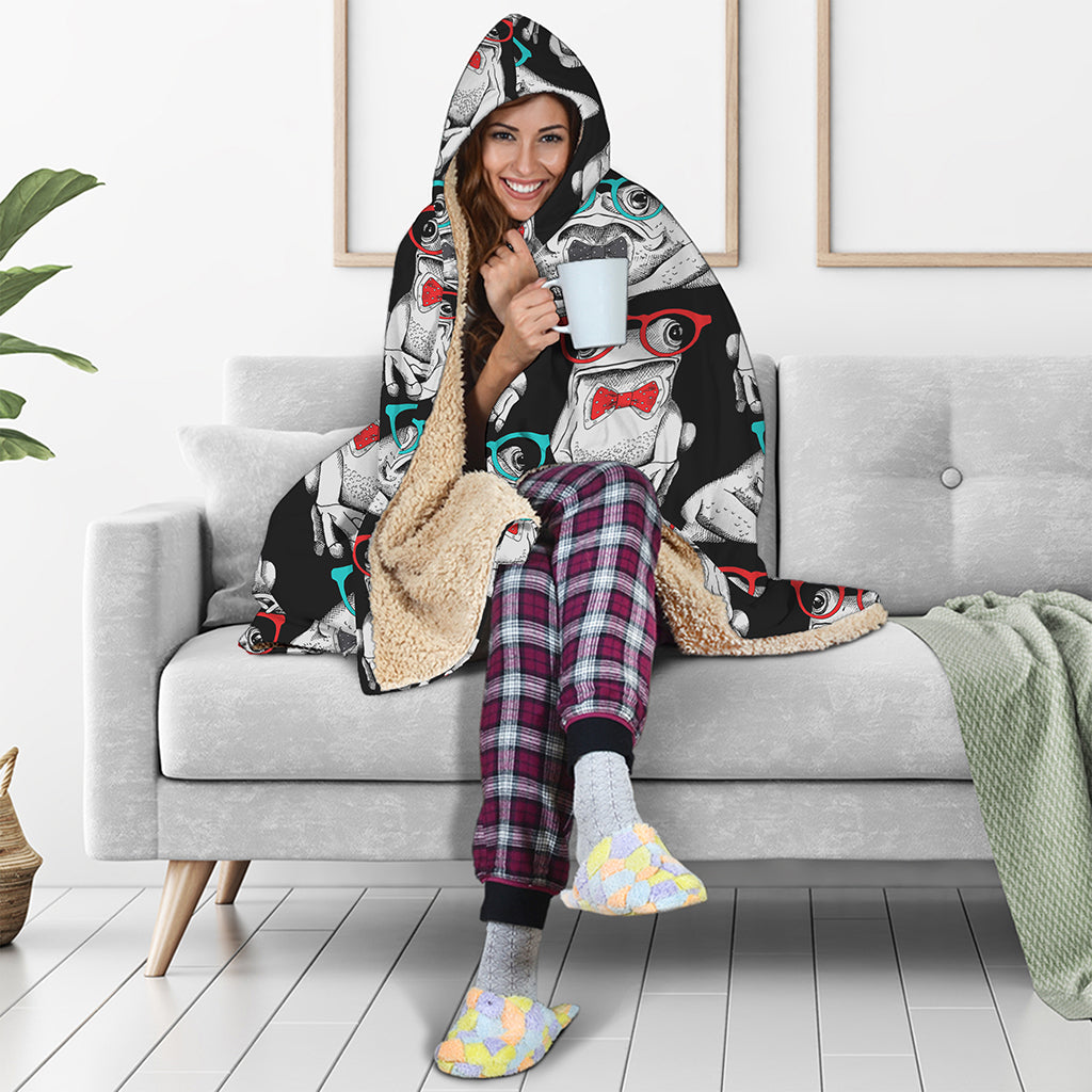 Hipster Frog Pattern Print Hooded Blanket
