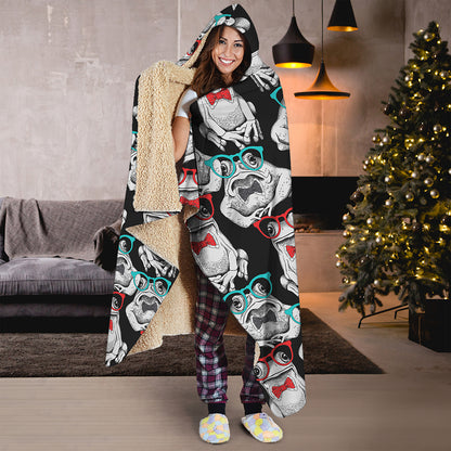 Hipster Frog Pattern Print Hooded Blanket