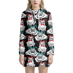 Hipster Frog Pattern Print Hoodie Dress
