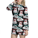 Hipster Frog Pattern Print Hoodie Dress