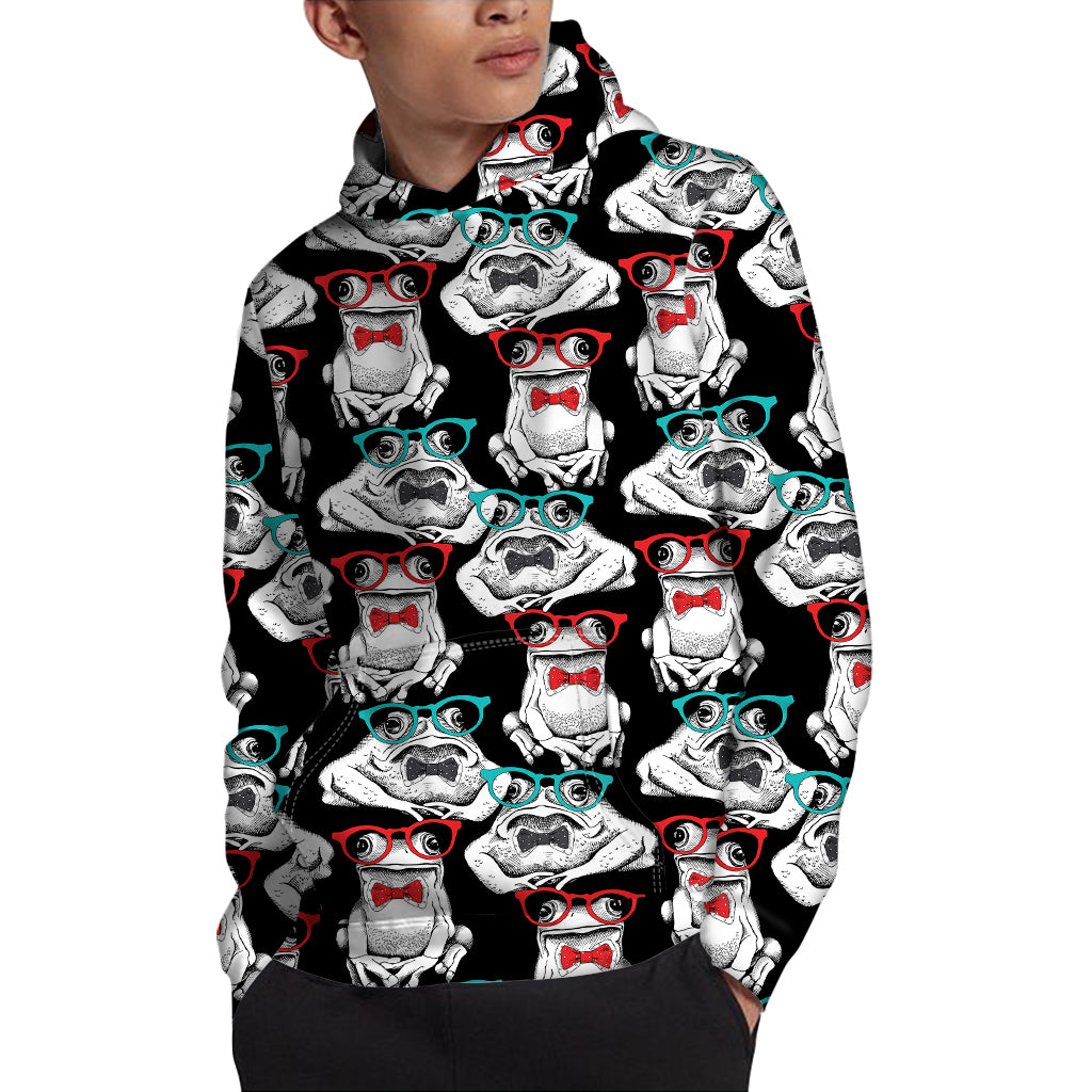 Hipster Frog Pattern Print Pullover Hoodie