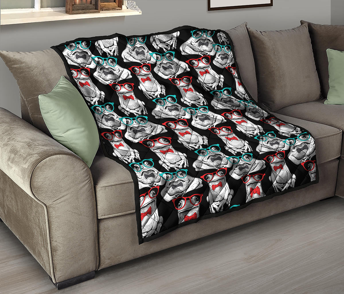 Hipster Frog Pattern Print Quilt