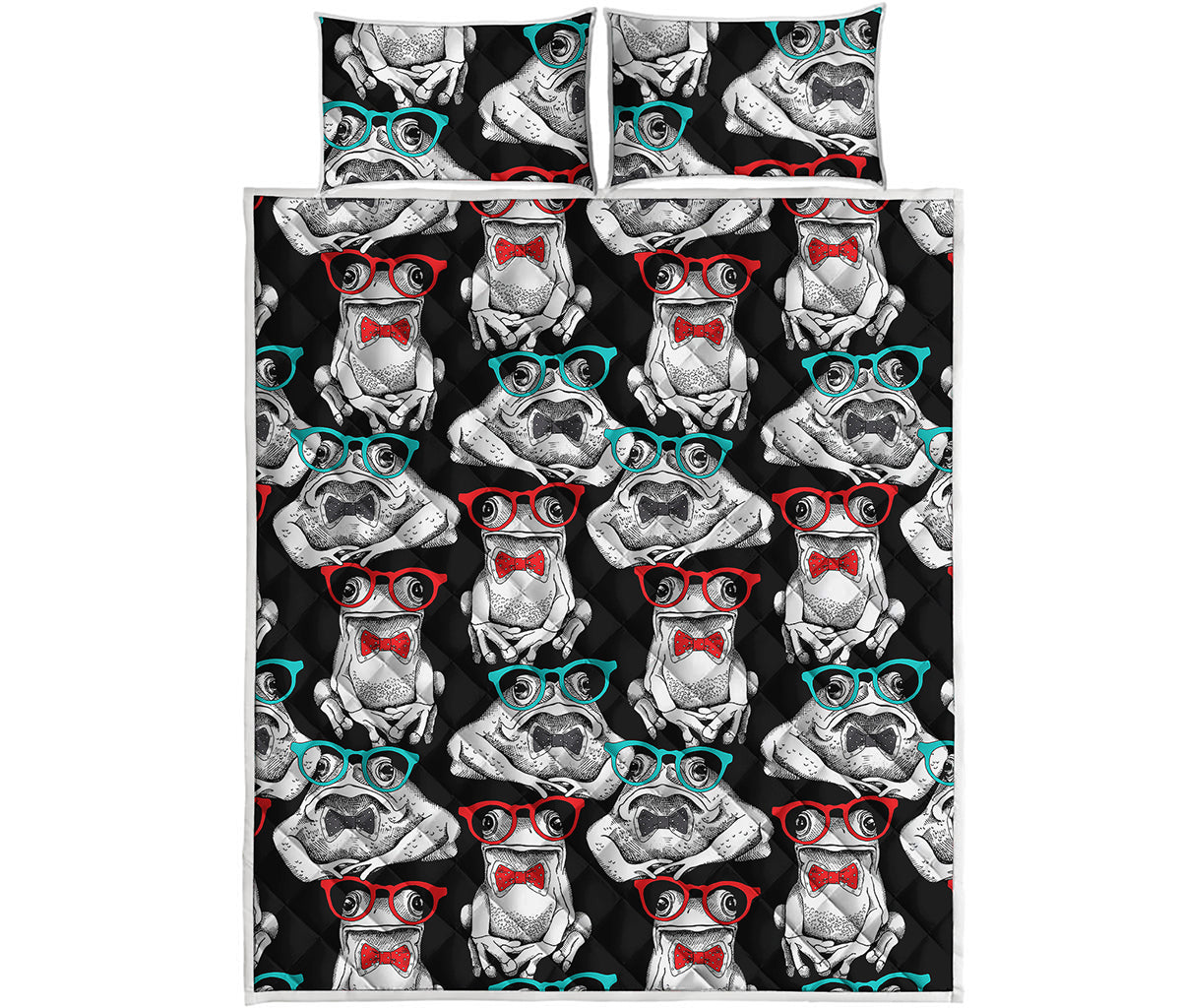 Hipster Frog Pattern Print Quilt Bed Set