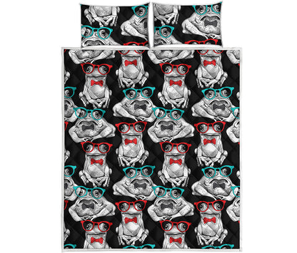 Hipster Frog Pattern Print Quilt Bed Set