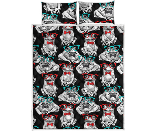 Hipster Frog Pattern Print Quilt Bed Set