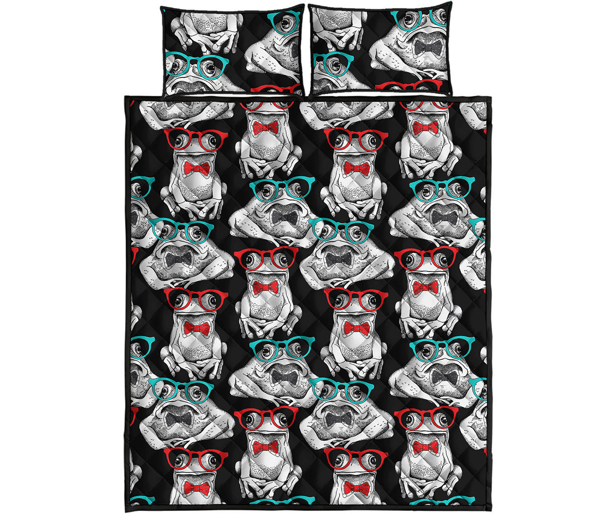 Hipster Frog Pattern Print Quilt Bed Set