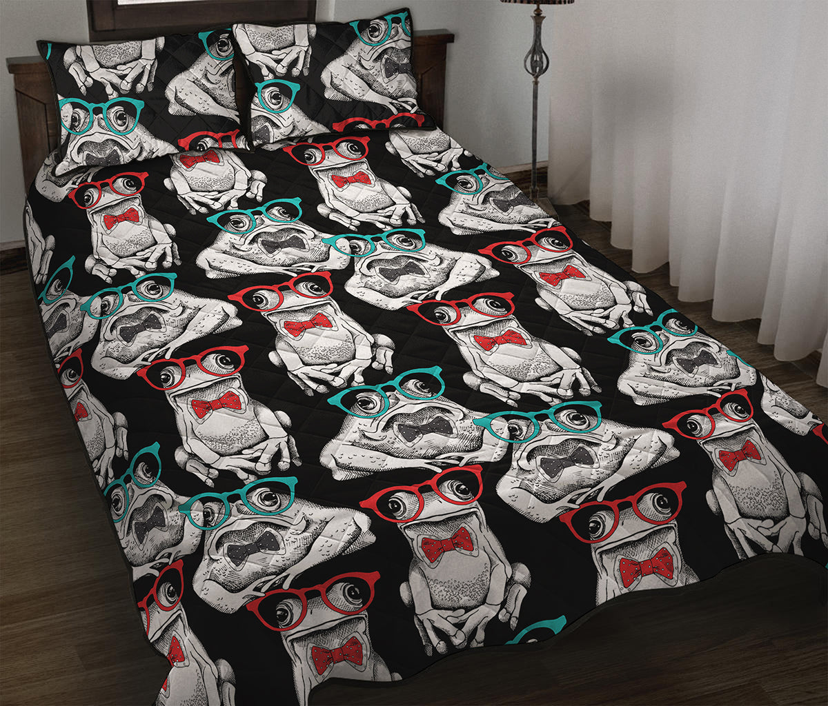 Hipster Frog Pattern Print Quilt Bed Set