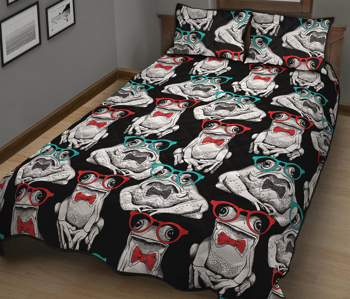 Hipster Frog Pattern Print Quilt Bed Set