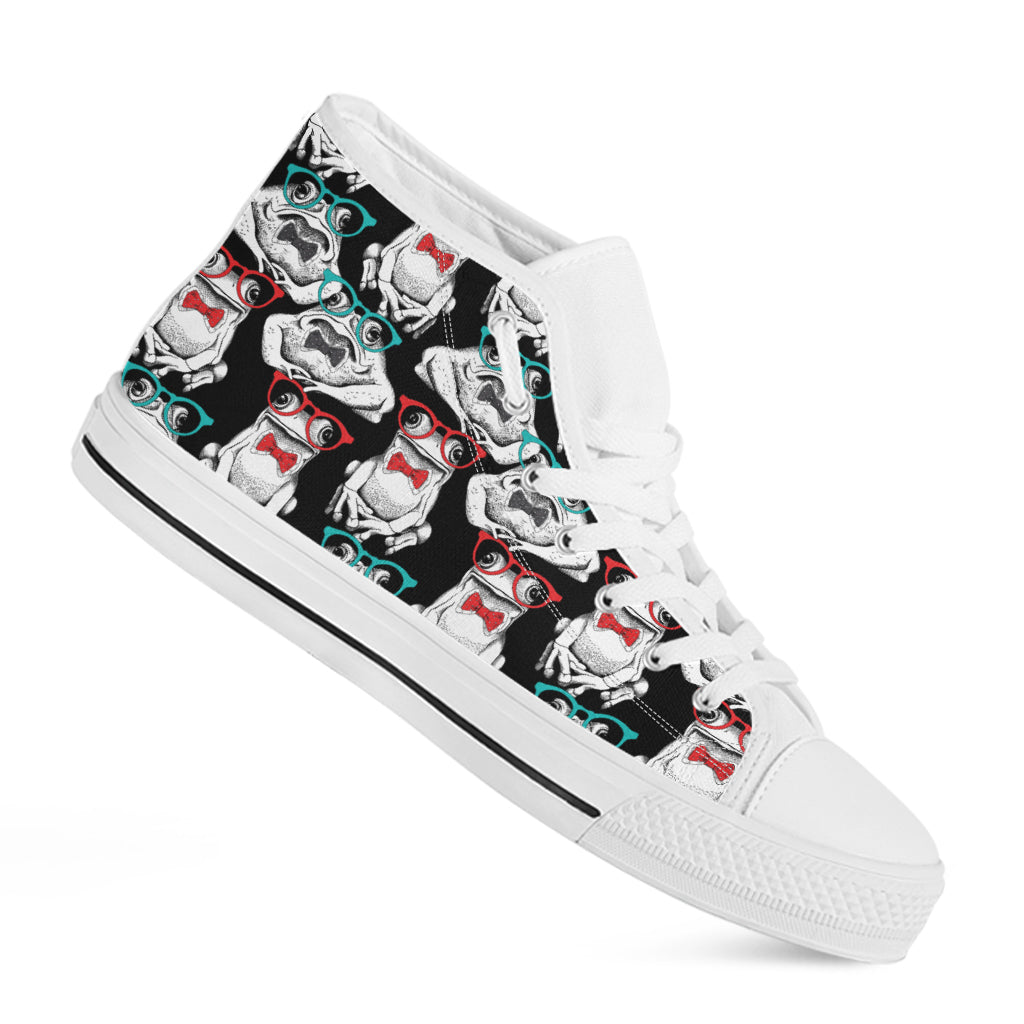 Hipster Frog Pattern Print White High Top Shoes